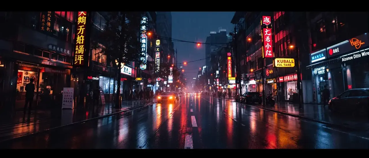 夜色中的城市街道与短剧海报墙